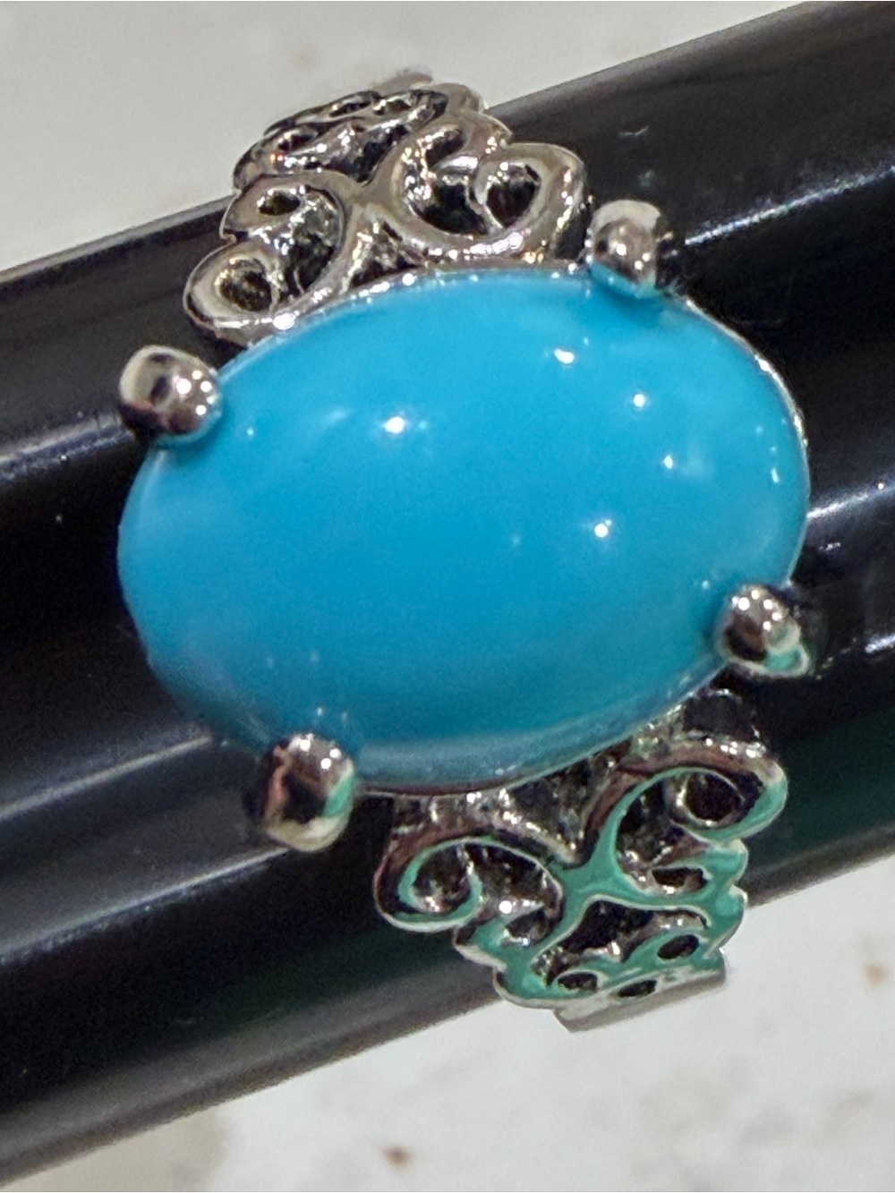 Silver Filigree Ring with Bright Faux Turquoise Stone - Women's Jewelry 10.5